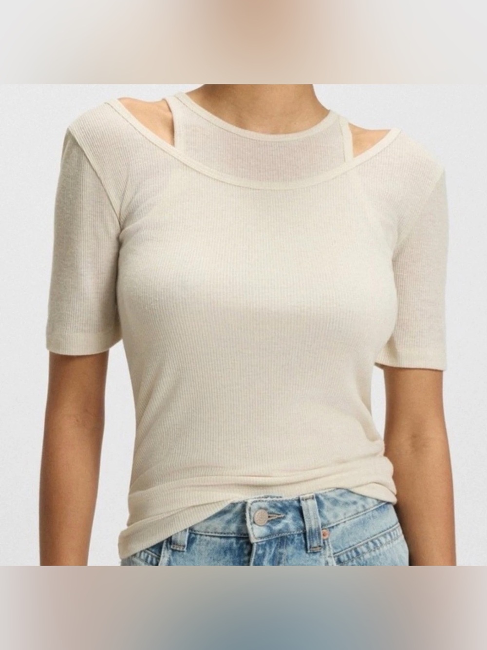 BOSS Cream Layered Knit Top Ribbed Lightweight Size Small
